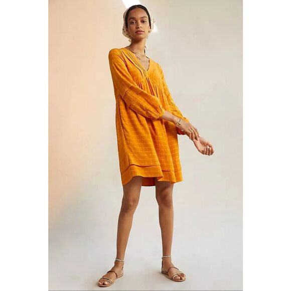 $160 ANTHROPOLOGIE‎ Maeve Pintucked Collar v-neck Mini Dress size S gold - Picture 2 of 12